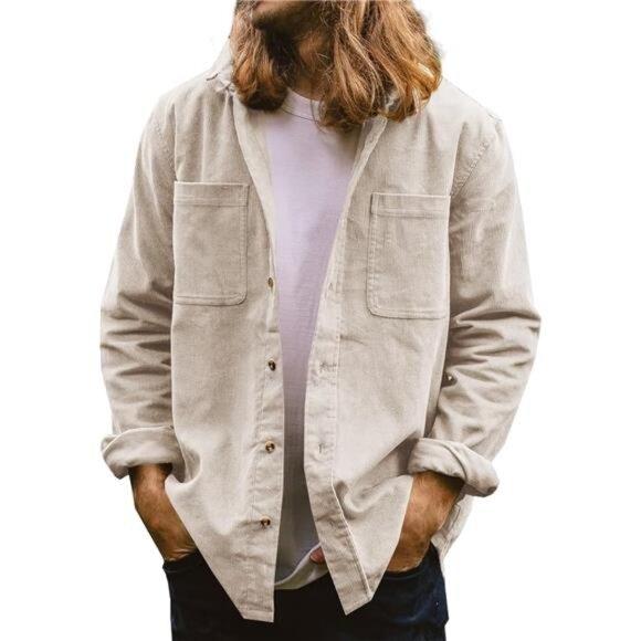 Men's Button Down Shirts Beige - Picture 2 of 7